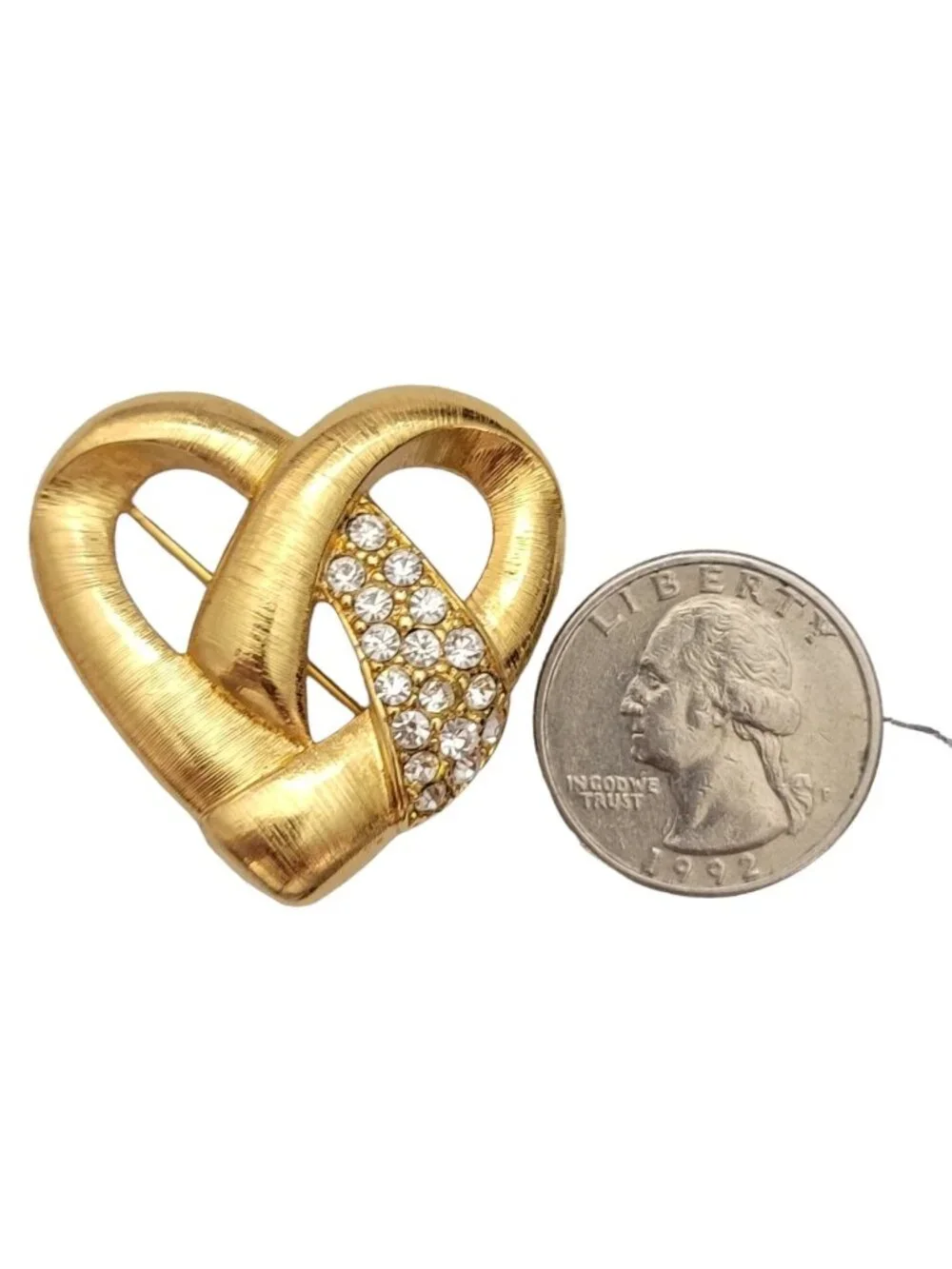 Monet Brushed Gold Tone Clear Rhinestone Vintage Open Heart Brooch, Signed E263